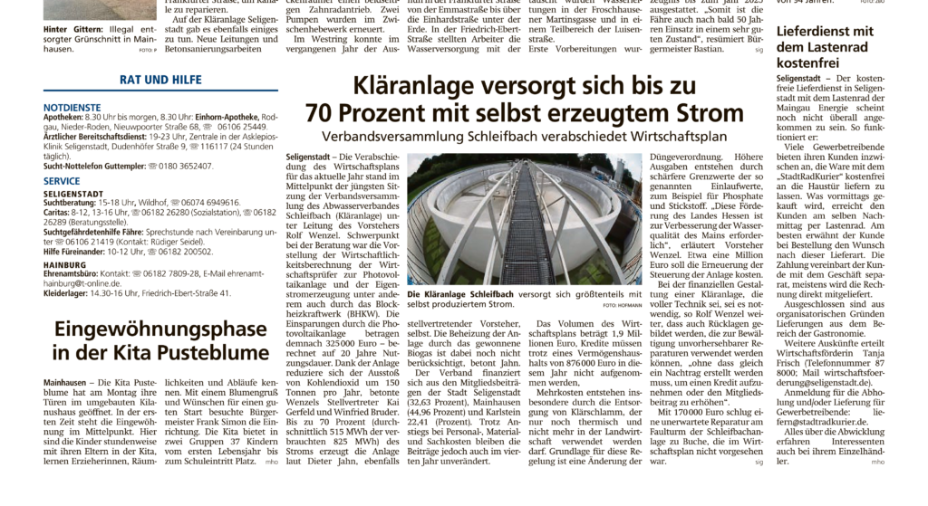 Presseartikel: Kläranlage versorgt sich zu 70% selbst mit selbst erzeugtem Strom - Offenbach Post 2.4.2021